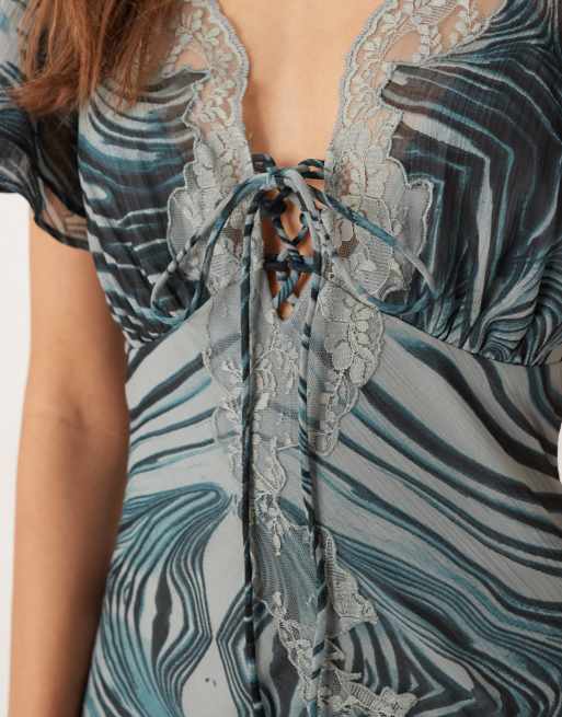 ASOS DESIGN tie front maxi tea dress with lace detail in grey zebra print, 4 of 4