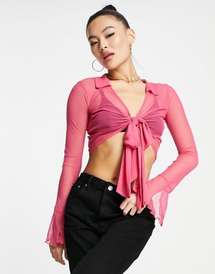 ASOS DESIGN tie front mesh top in hot pink