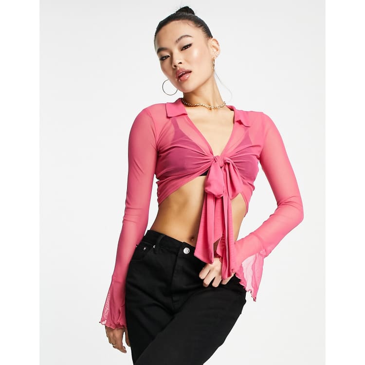 Stradivarius ruched mesh top in pink