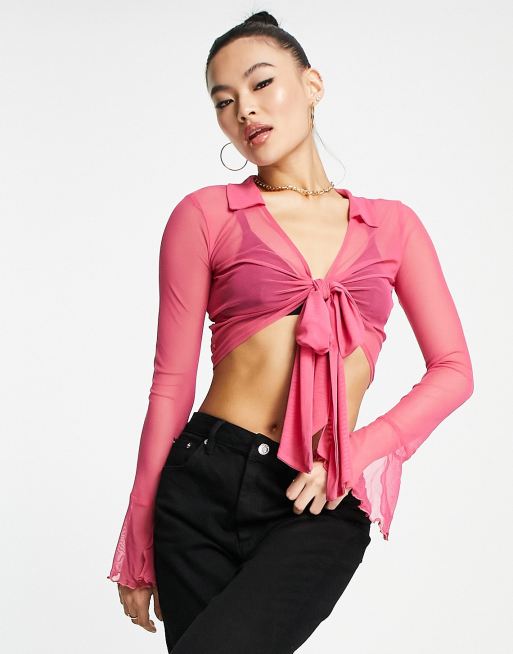 ASOS DESIGN tie front top in pink