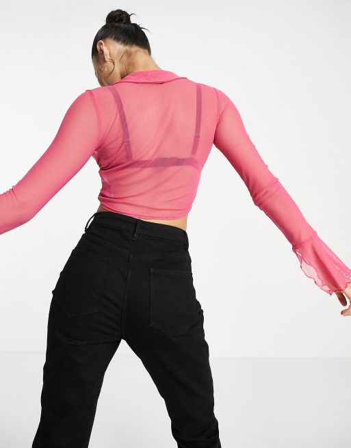 Stradivarius ruched mesh top in pink