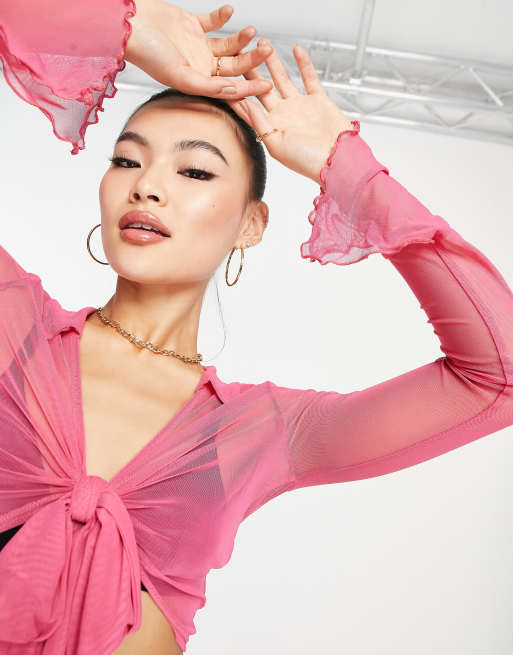 ASOS DESIGN tie front mesh top in hot pink