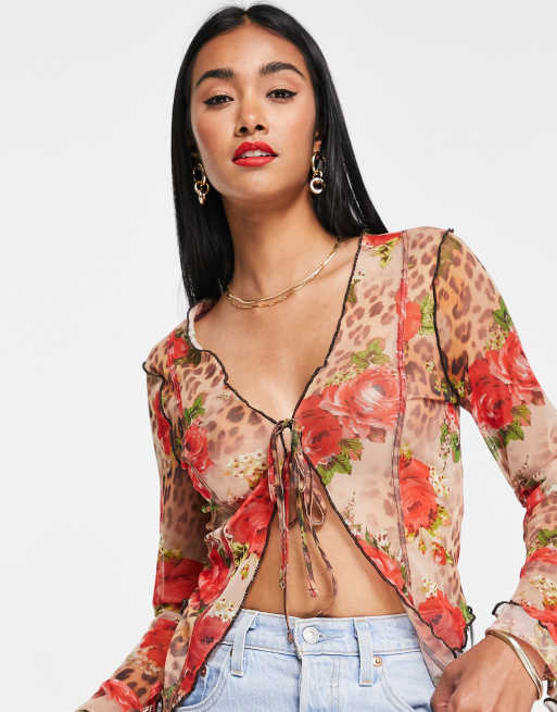 ASOS DESIGN tie front | top MULTI mesh ASOS rose mixed animal in - print and