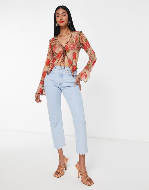 ASOS DESIGN tie front mesh top in mixed animal and rose print - MULTI