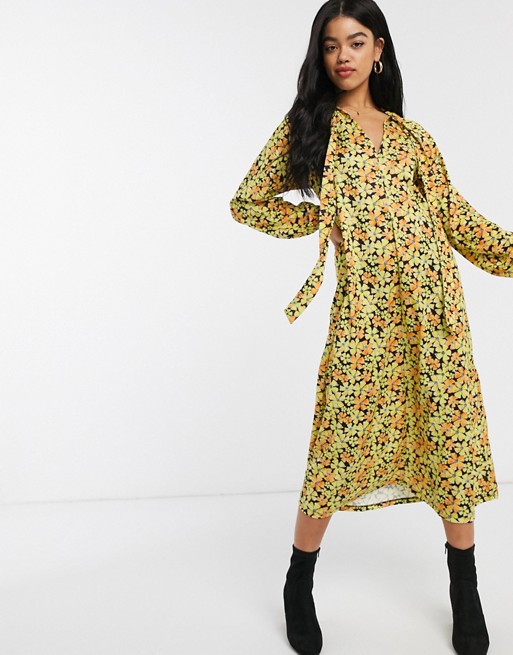 ASOS DESIGN Long sleeve tie front midi dress in yellow floral
