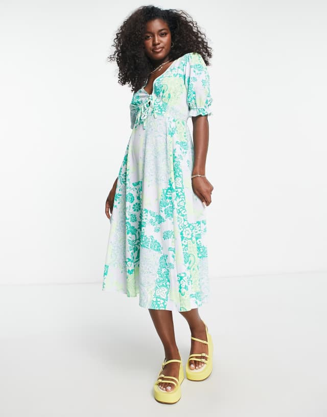 ASOS DESIGN tie front midi tea dress with flare panels in green mixed floral print