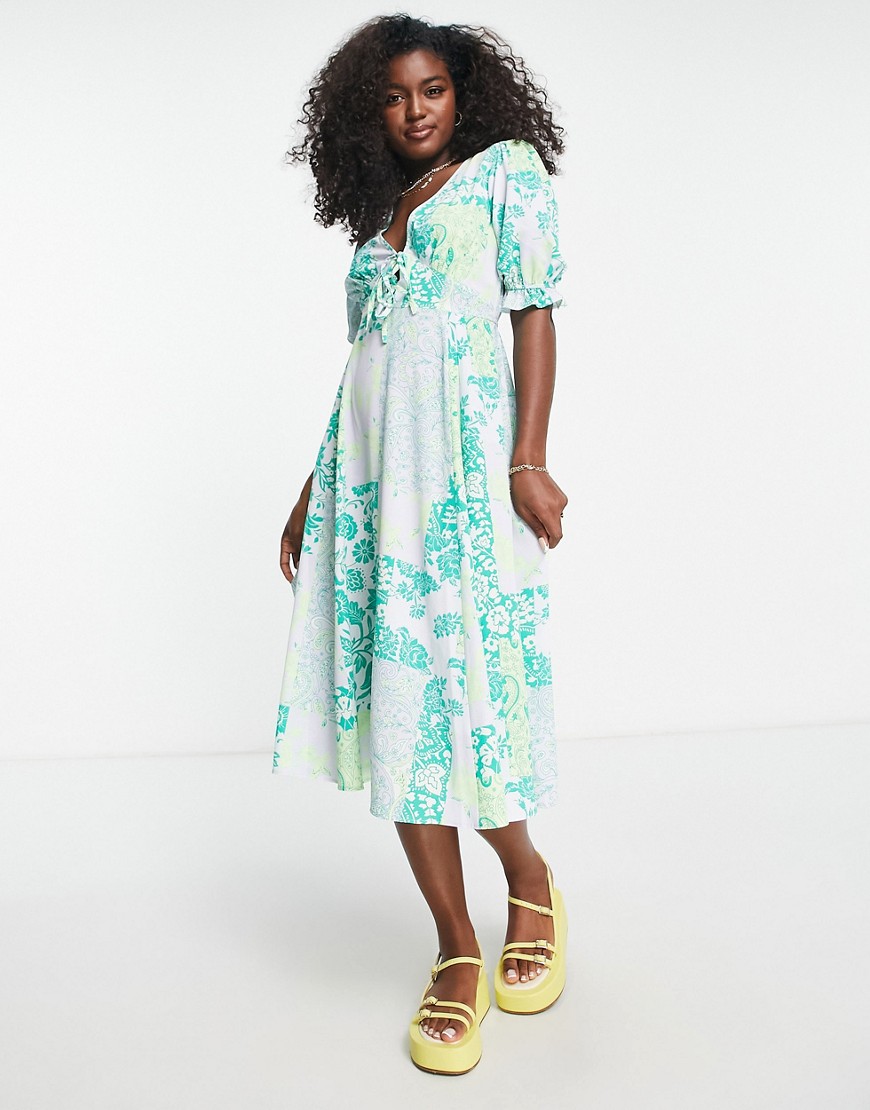 ASOS DESIGN tie front midi tea dress with godets in green mixed floral print-Multi