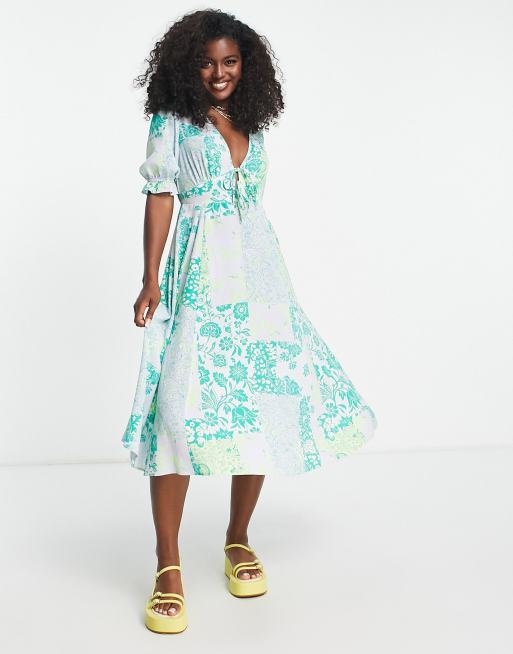 ASOS DESIGN tie front midi tea dress with godets in green mixed floral print