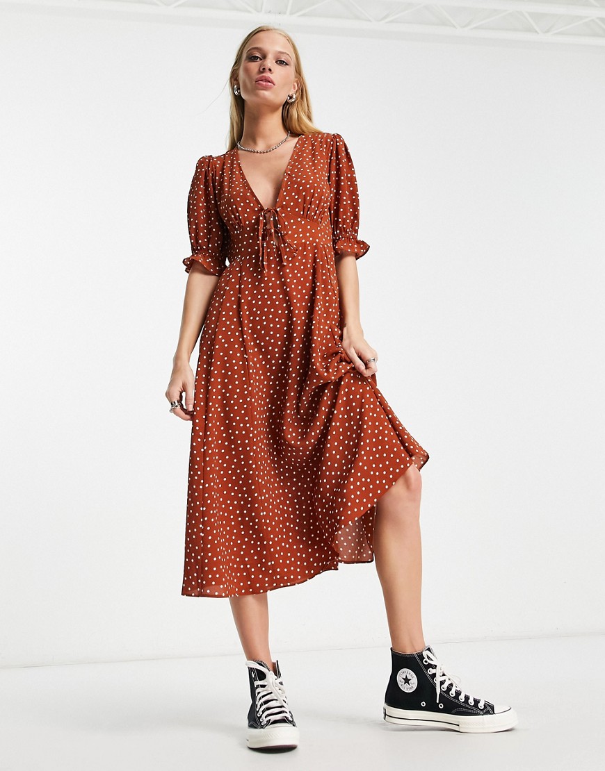 ASOS DESIGN tie front midi tea dress with godets in rust and ivory spot-Multi