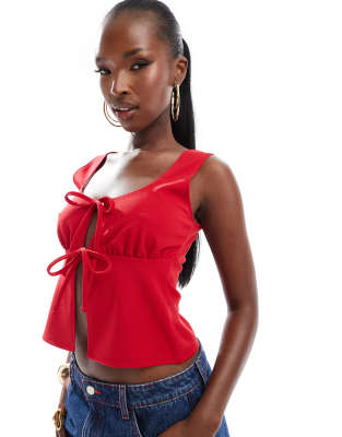 Asos Design Tie Front Milkmaid Top In Red