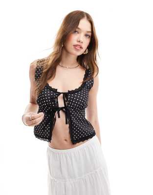 ASOS DESIGN tie front milkmaid top with trim detail in black polka dot-Multi