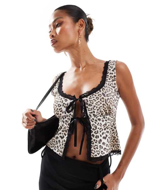 ASOS DESIGN tie front milkmaid top with trim detail in leopard print - view 1