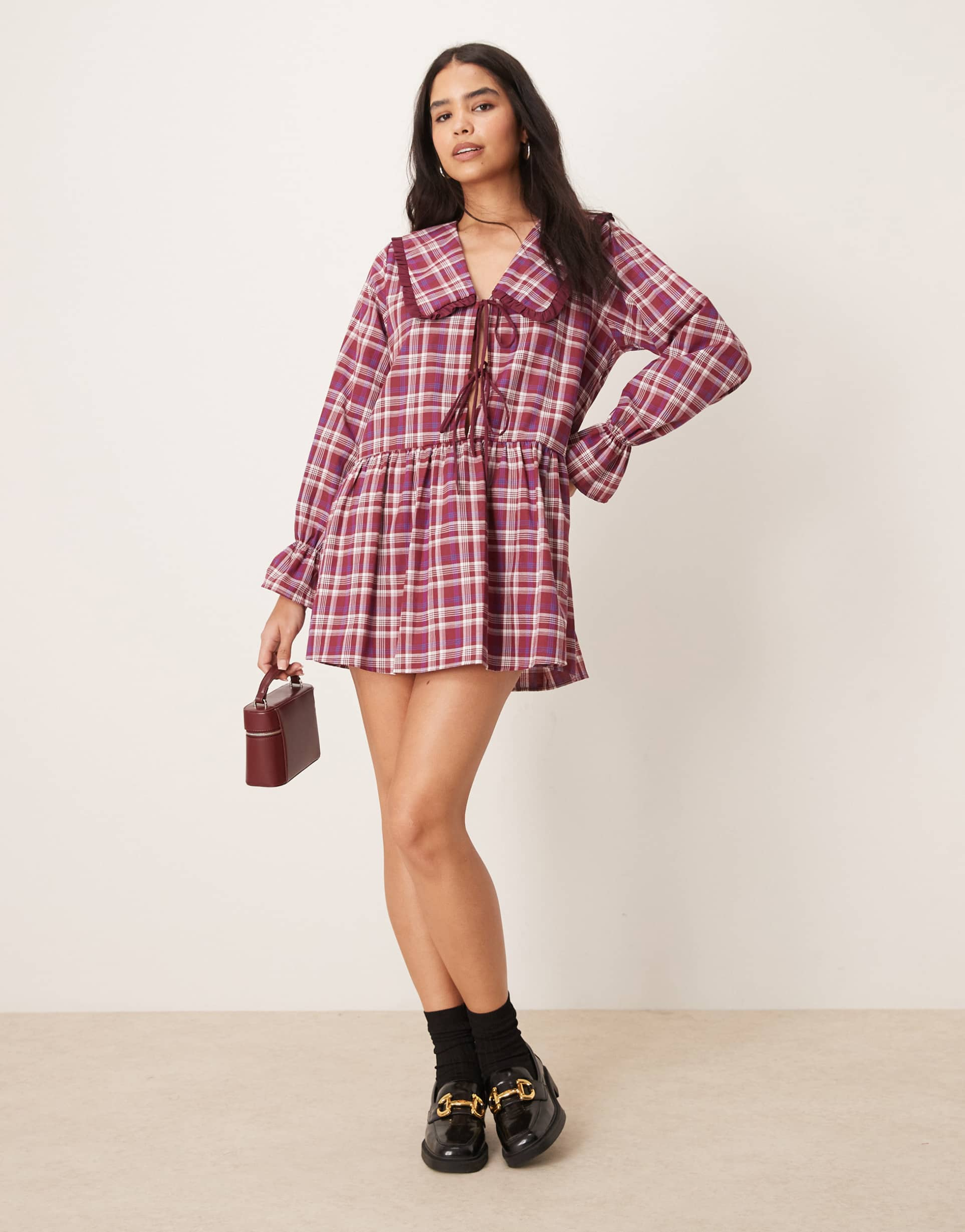 asos design tie front mini dress in burgundy check