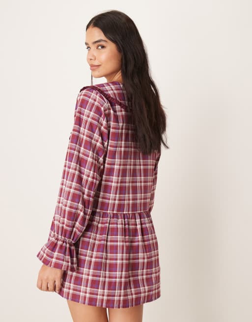 ASOS DESIGN tie front mini dress in burgundy check, 4 of 4