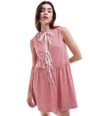 asos design tie front mini dress in red gingham