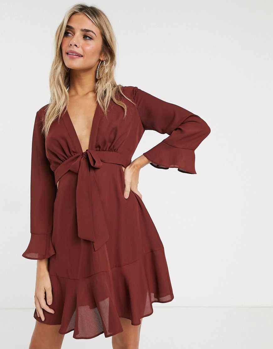 ASOS DESIGN tie front mini dress with cut out sides in rust-Brown