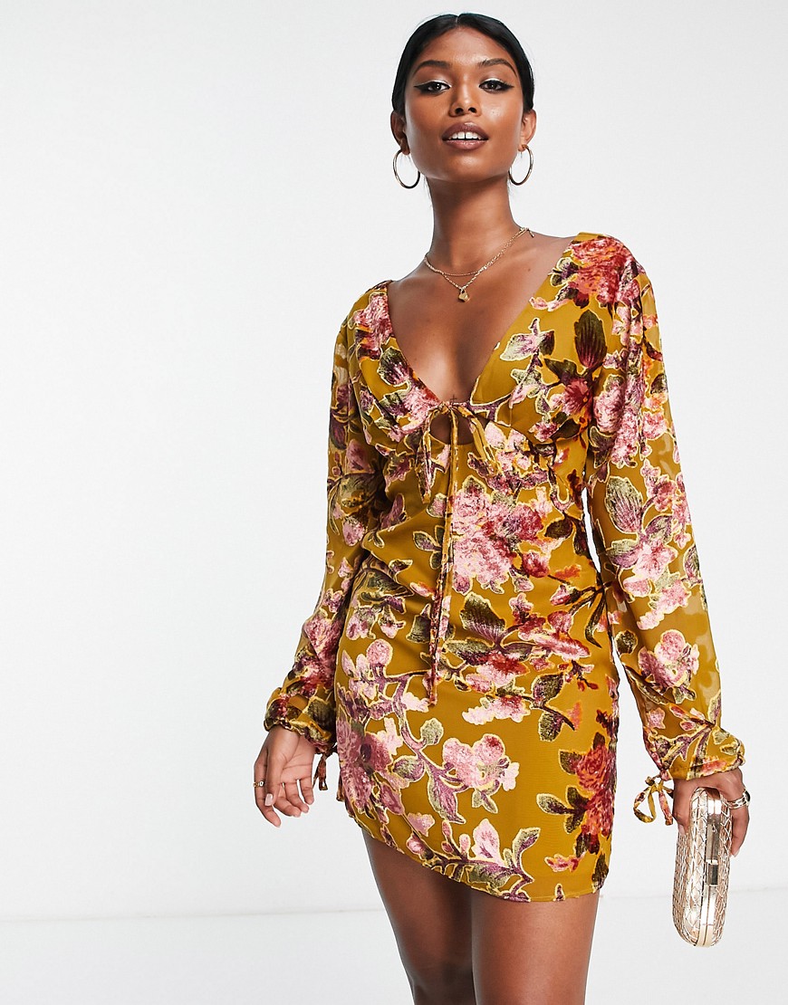 ASOS DESIGN tie front mini dress with floral burnout print in mustard-Yellow
