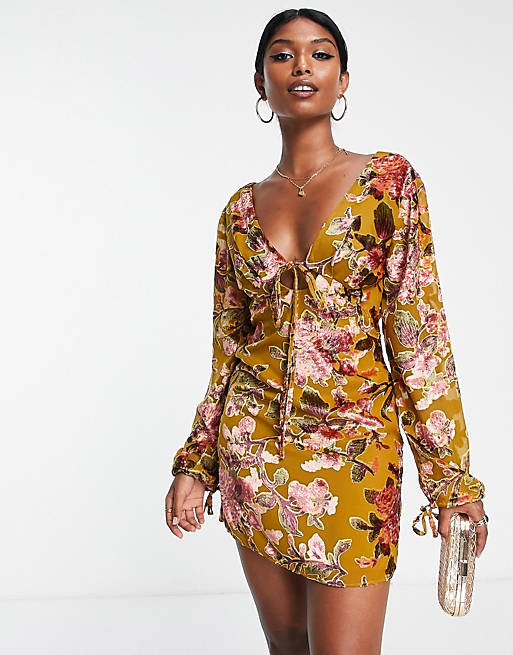 ASOS DESIGN tie front mini dress with floral burnout print in mustard ...