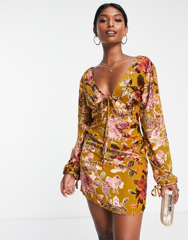 ASOS DESIGN tie front mini dress with floral burnout print in mustard