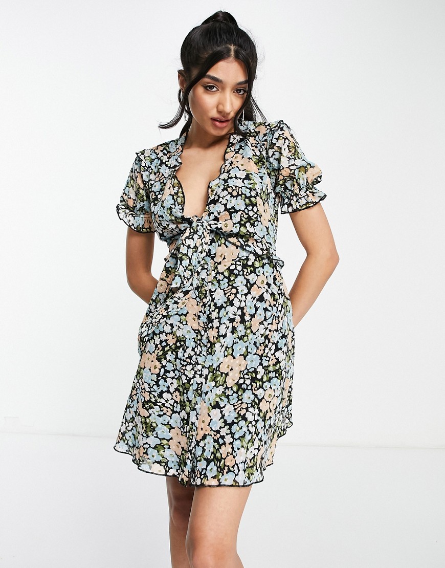 ASOS DESIGN tie front mini dress with ruffle skirt in floral print-Multi