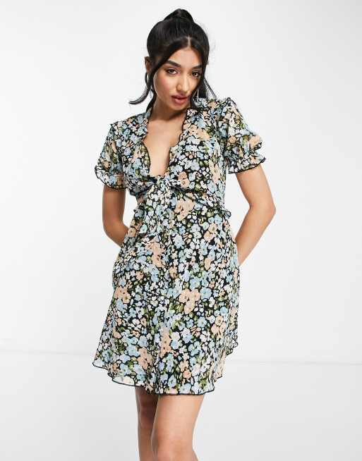 ASOS DESIGN tie front mini dress with ruffle skirt in floral print | ASOS