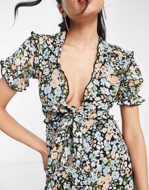 ASOS DESIGN tie front mini dress with ruffle skirt in floral print, 3 of 4