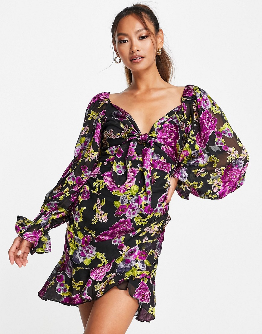 ASOS DESIGN tie front mini dress with ruffle skirt in floral satin burnout-Multi