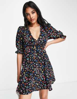 ASOS DESIGN tie front mini tea dress with godets