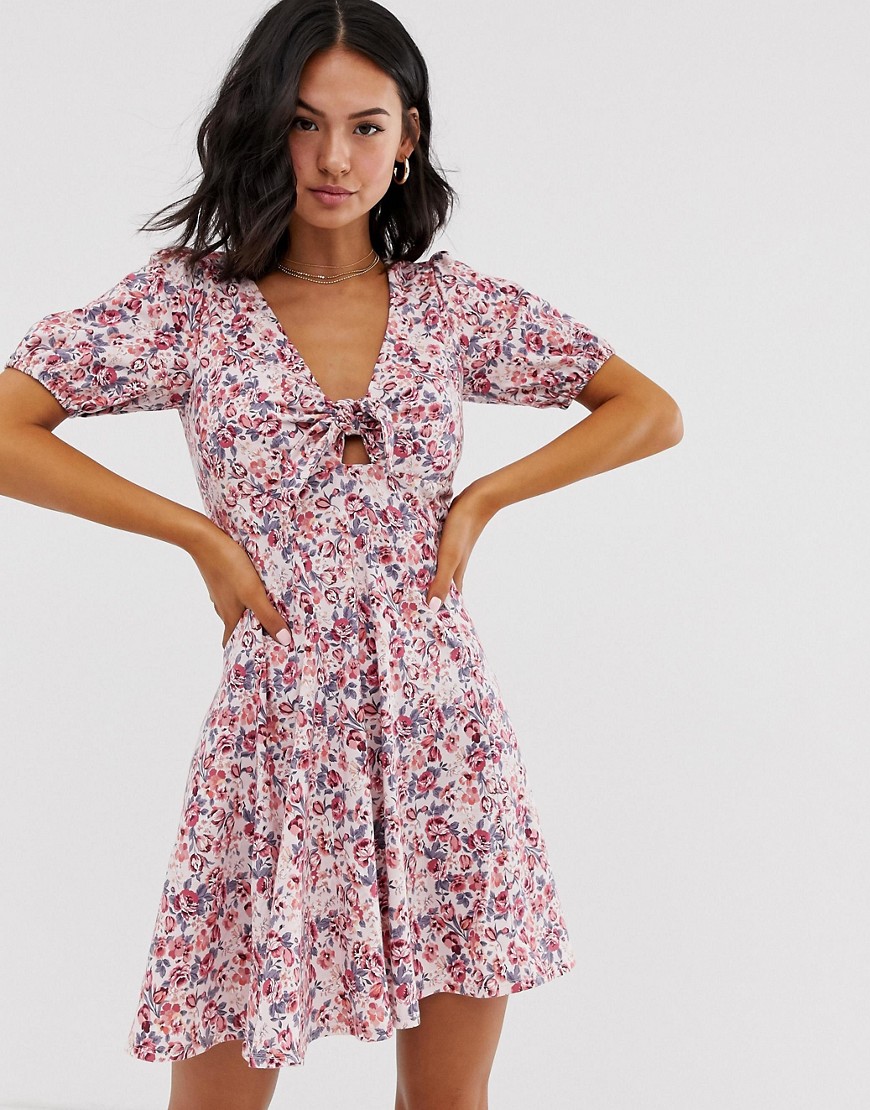 ASOS DESIGN tie front mini tea dress with puff sleeves in vintage floral-Multi