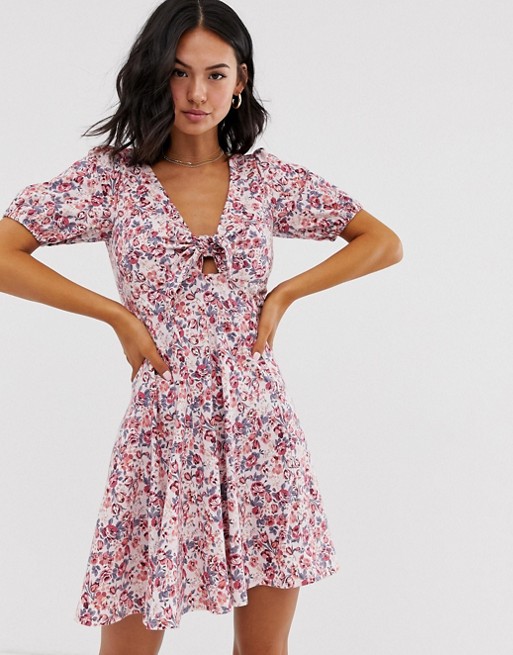 ASOS DESIGN tie front mini tea dress with puff sleeves in vintage floral