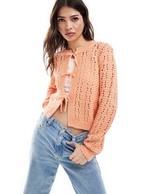 ASOS DESIGN tie front open stitch cardigan in peach-Orange