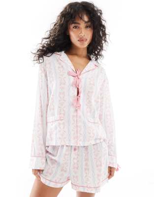 Asos Design Tie Front Pajama Shirt And Short Set In Bow Print-multi