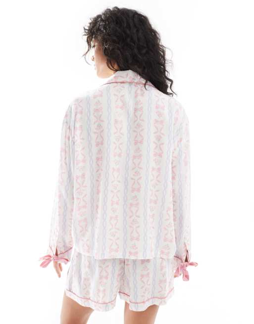ASOS DESIGN tie front pajama shirt and short set in bow print, 3 of 4
