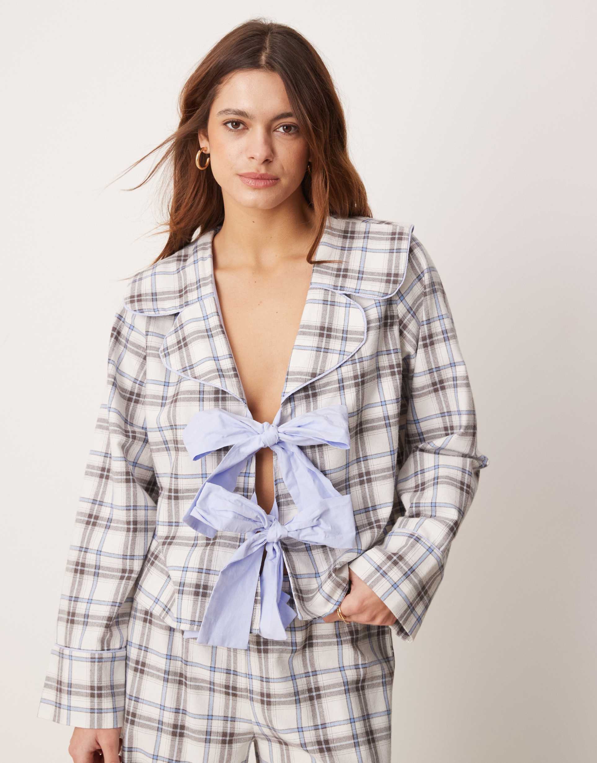 asos design tie front pajama top in blue brushed check - part of a set