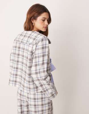 ASOS DESIGN tie front pajama top in blue brushed check - part of a set