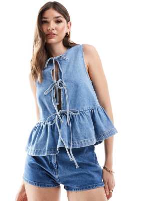 ASOS DESIGN tie front peplum top in bleach-Blue