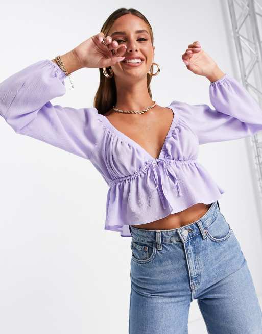 ASOS DESIGN tie front peplum top with long sleeve and gathered shoulder  detail in lilac