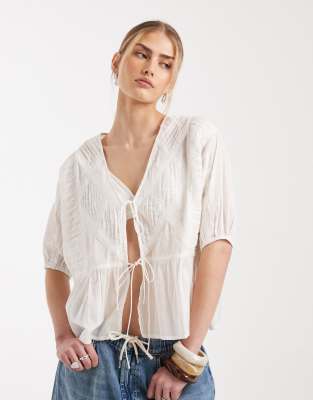 ASOS DESIGN tie front pleat and lace insert top in white