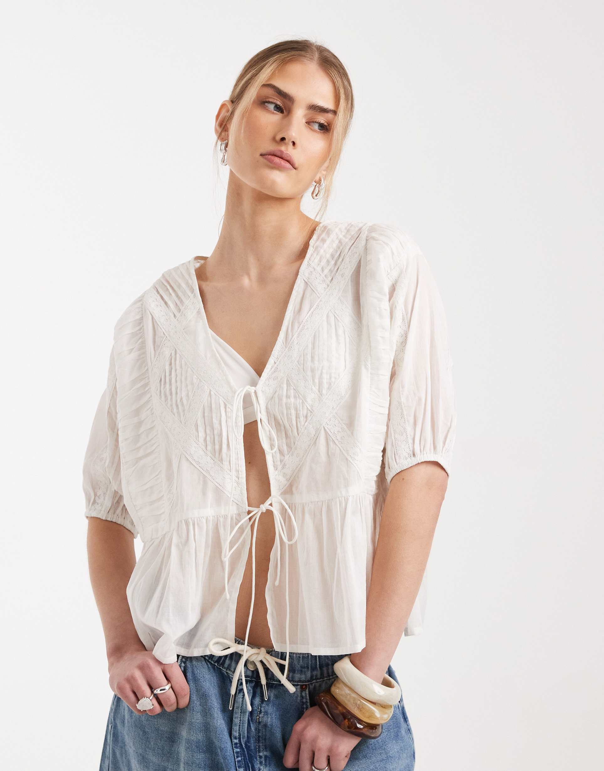 asos design tie front pleat and lace insert top in white