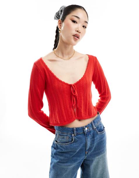 ASOS DESIGN tie front pointelle cropped cardigan in red - view 1