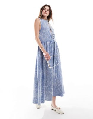 Asos Design Tie Front Printed Midi Dress In Blue Acid Wash