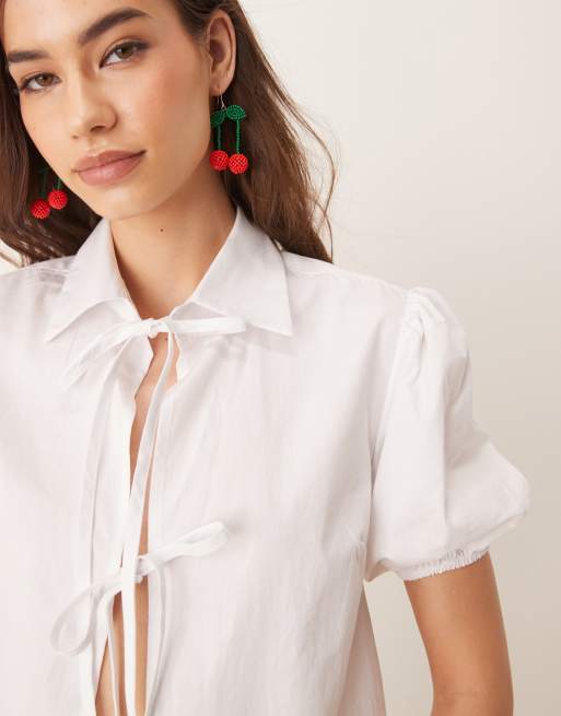 ASOS DESIGN tie front puff sleeve blouse in white, 2 of 4