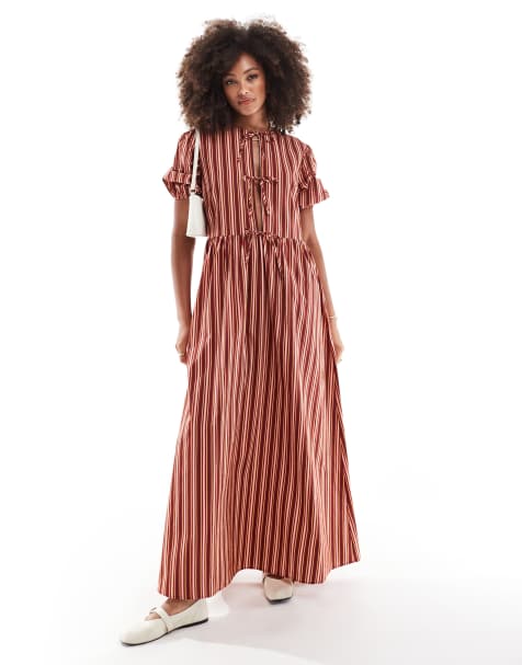 ASOS DESIGN tie front puff sleeve maxi dress in brown stripe - view 1