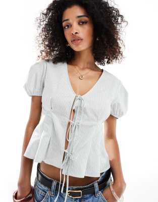Asos Design Tie Front Puff Sleeve Top In Multi