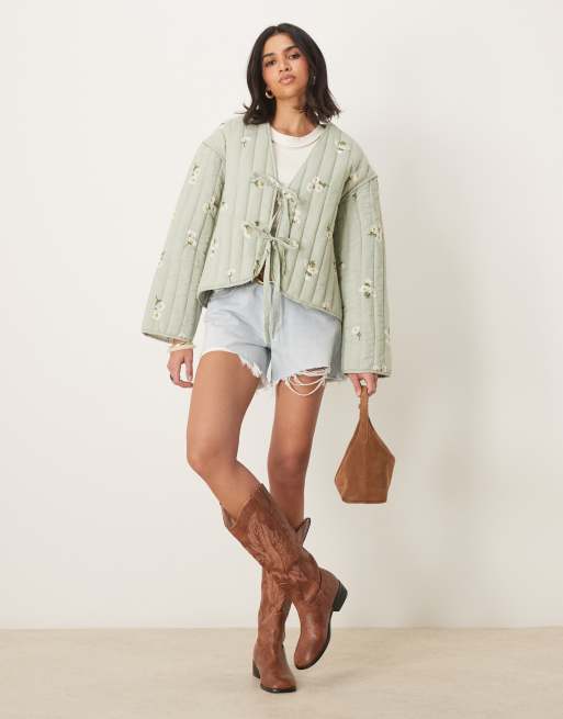 ASOS DESIGN tie front quilted embroidered jacket in sage