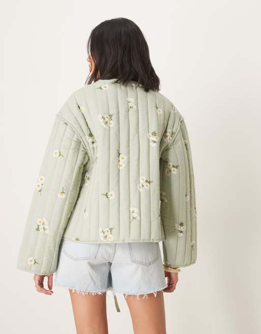 ASOS DESIGN tie front quilted embroidered jacket in sage