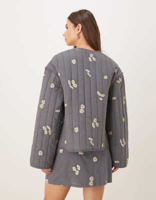 Asos Design Tie Front Quilted Embroidered Jacket In Gray