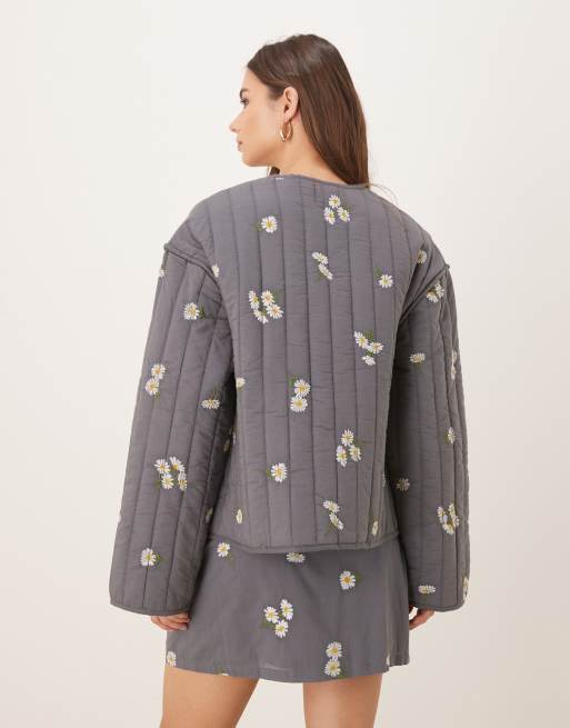 ASOS DESIGN tie front quilted embroidered jacket in washed grey
