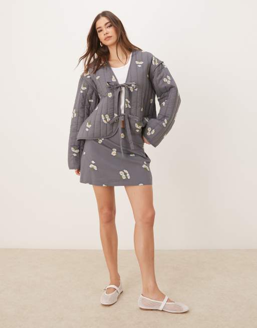ASOS DESIGN tie front quilted embroidered jacket in washed grey