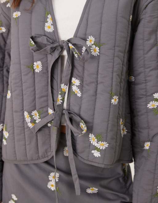 ASOS DESIGN tie front quilted embroidered jacket in washed grey